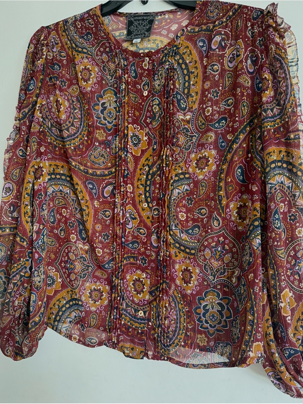 Johnny Was Lovely Burgundy Paisley Sheer Button-Front Blouse NWOT